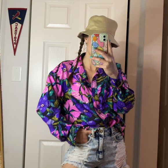 Vintage Colorful Silk Floral Button Down Long Sleeve Size Medium - Picture 2 of 8